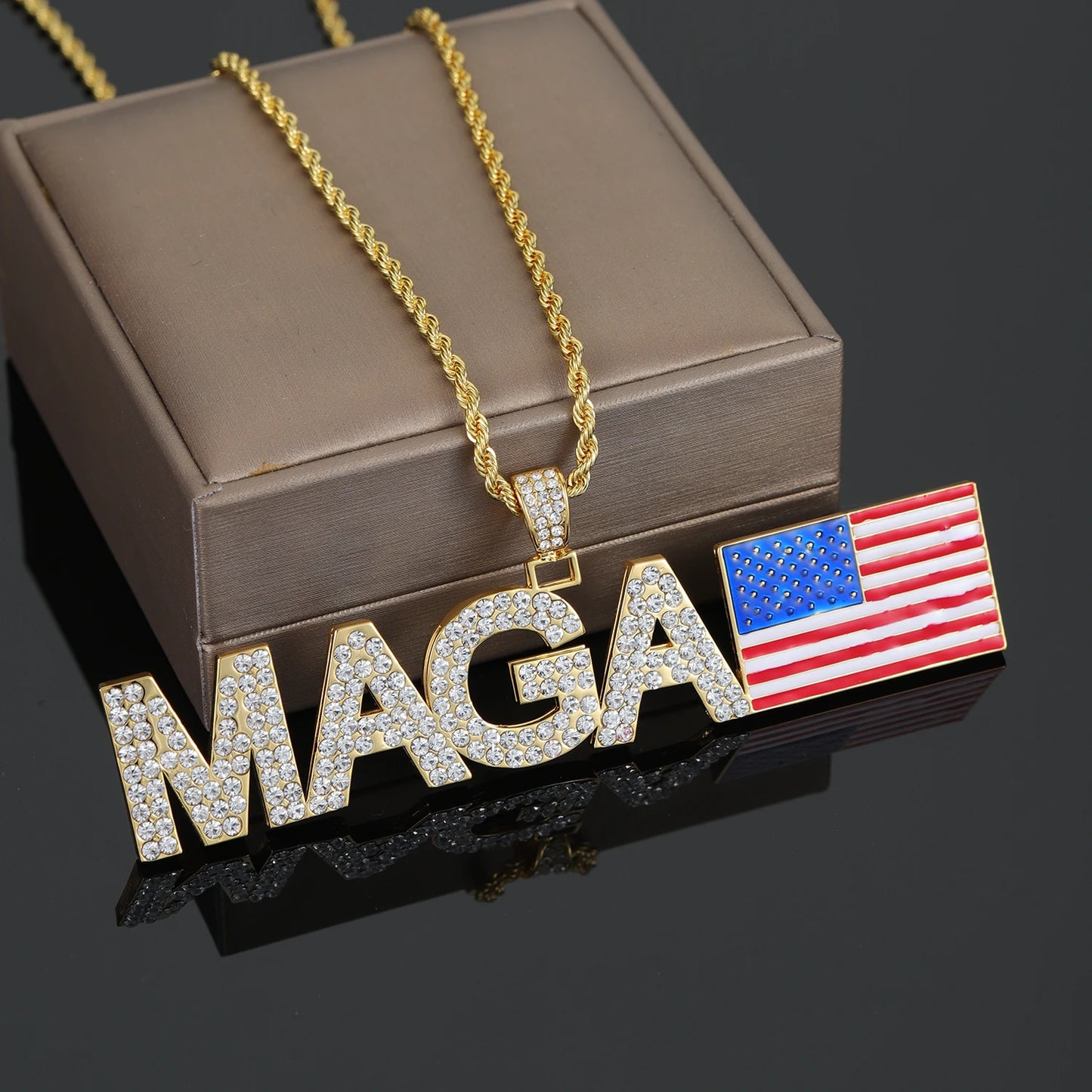 MAGA Hip Hop Iced Out Pendant Necklace Zirconia Necklaces Men Women Make America Great Again