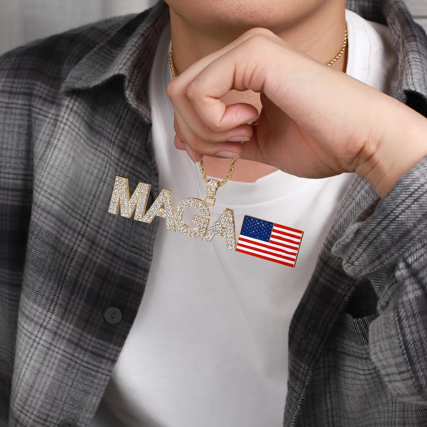 MAGA Hip Hop Iced Out Pendant Necklace Zirconia Necklaces Men Women Make America Great Again