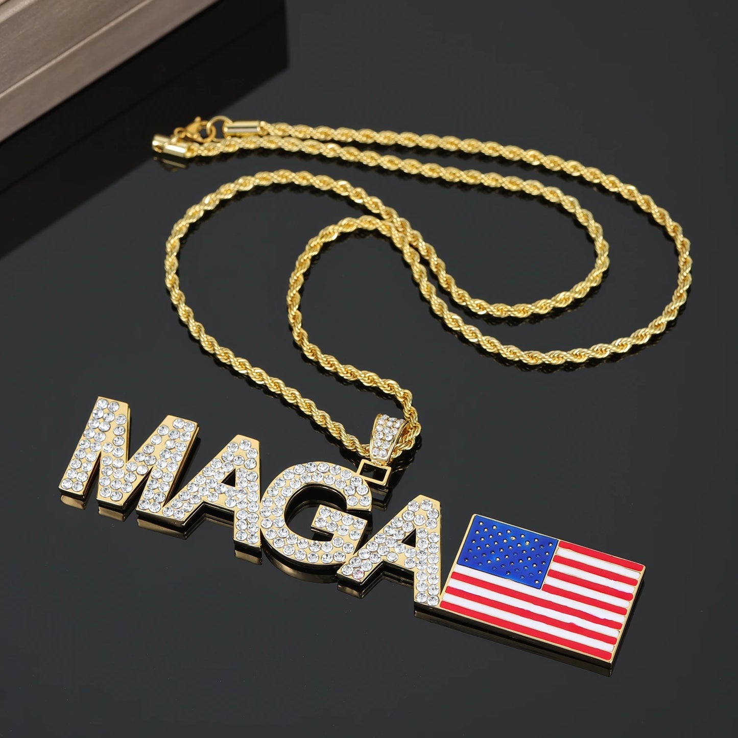 MAGA Hip Hop Iced Out Pendant Necklace Zirconia Necklaces Men Women Make America Great Again