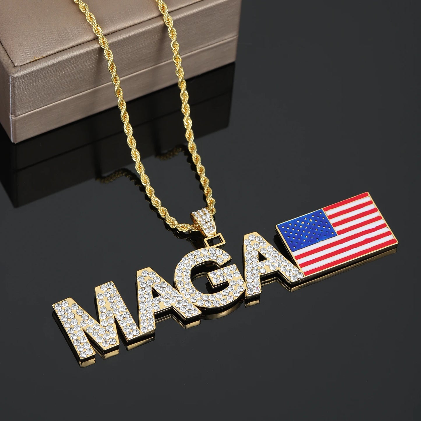 MAGA Hip Hop Iced Out Pendant Necklace Zirconia Necklaces Men Women Make America Great Again