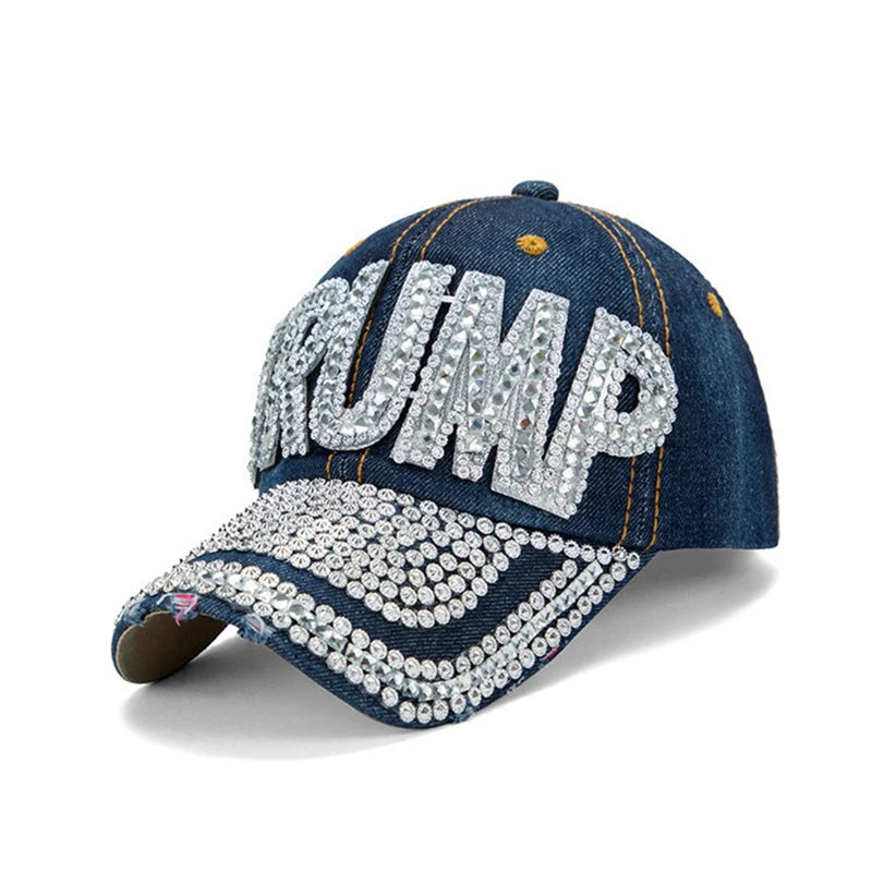 Patriotic Election Day TRUMP Fans Gift Trendy Headwear Sparkle Baseball Cap Denim Bling Rhinestone USA Flag 2024 MAGA Dad Hat