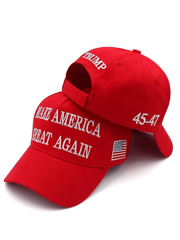 Red White 2024 MAGA Donald Trump Hat 45-47 MAKE AMERICA GREAT AGAIN Slogan Adjustable Embroidered American USA Flag Baseball Cap