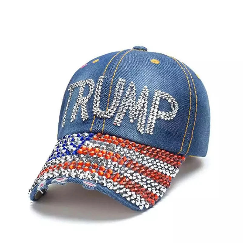 Patriotic Election Day TRUMP Fans Gift Trendy Headwear Sparkle Baseball Cap Denim Bling Rhinestone USA Flag 2024 MAGA Dad Hat