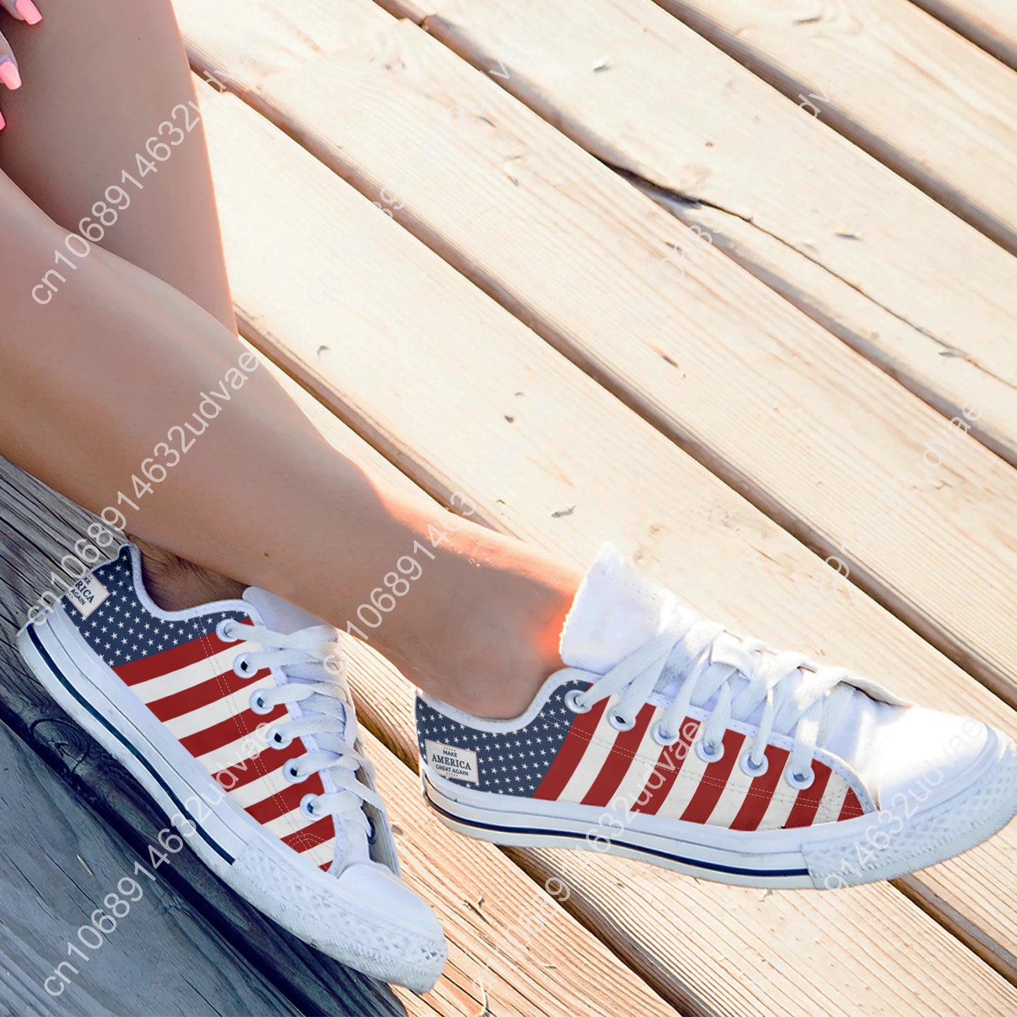 American Flag MAGA Fourth Of July Women Summer Canvas Vulcanized Shoes Casual Flats Plus Size 45/46