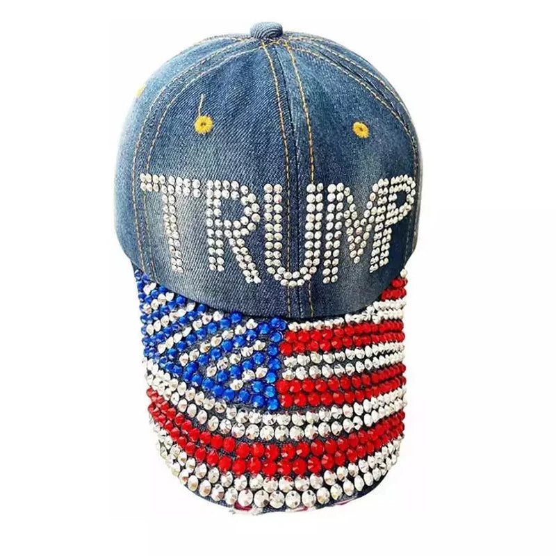 Patriotic Election Day TRUMP Fans Gift Trendy Headwear Sparkle Baseball Cap Denim Bling Rhinestone USA Flag 2024 MAGA Dad Hat