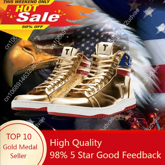 2024 MAGA Trump Sneakers Never Surrender Donald Distressed High Top Gold Sneakers Gym Shoes Women's Casual Boots Road Sneakers