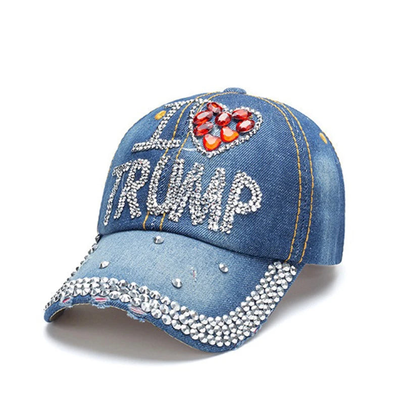 Patriotic Election Day TRUMP Fans Gift Trendy Headwear Sparkle Baseball Cap Denim Bling Rhinestone USA Flag 2024 MAGA Dad Hat