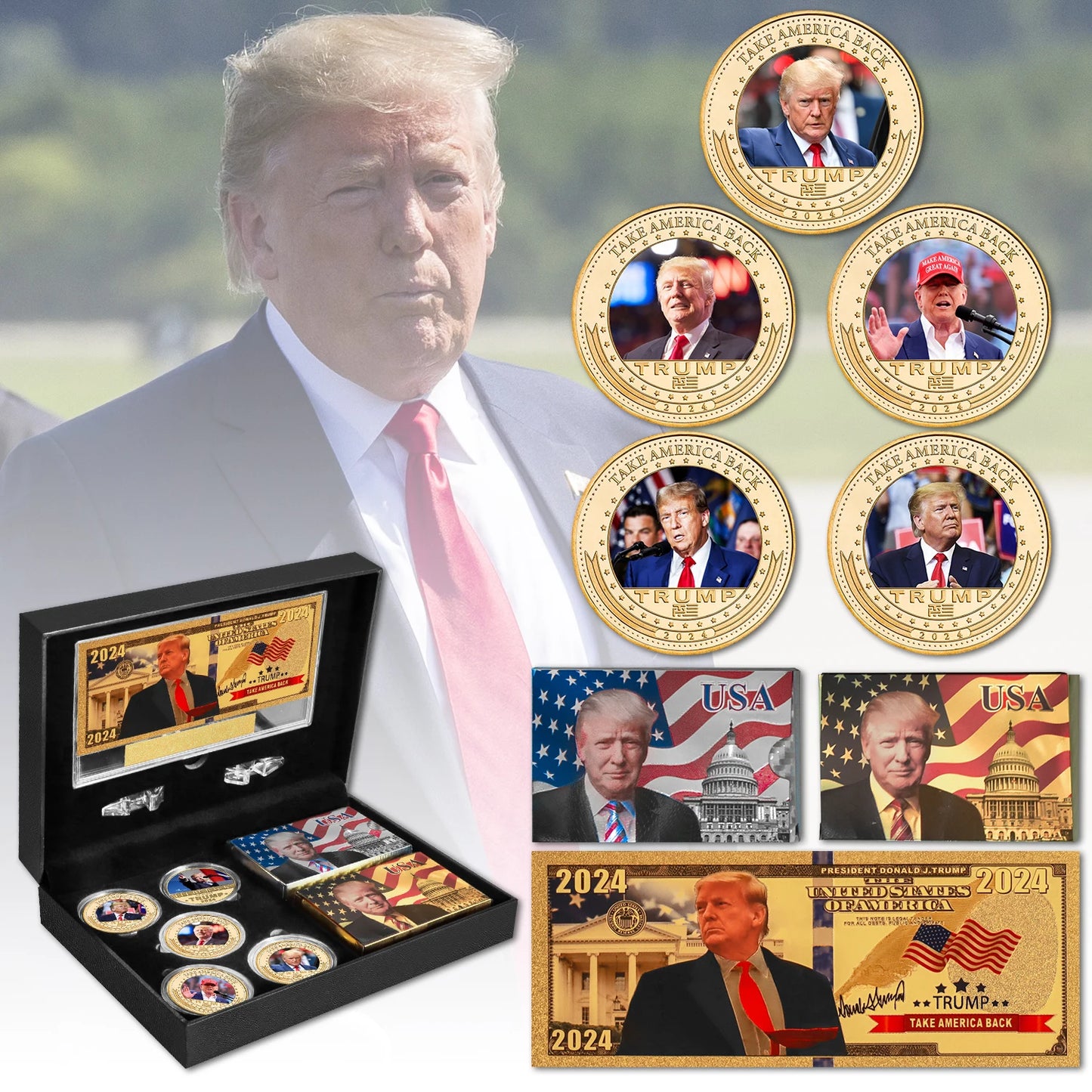 2024 Trump Commemorative Coins Playing Cards Gold Banknote Set in Gift Box President Souvenir Set Collecting Gifts For Fans